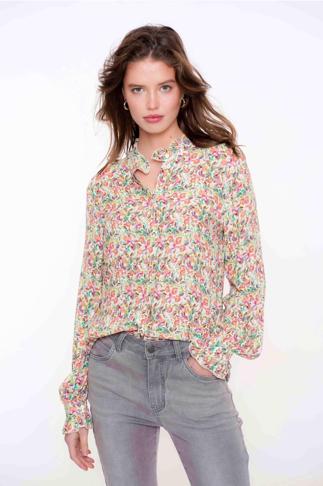 BLOUSE BLOEMENPRINT RUFFLE 43945 20 Off-White/Ocean Blue